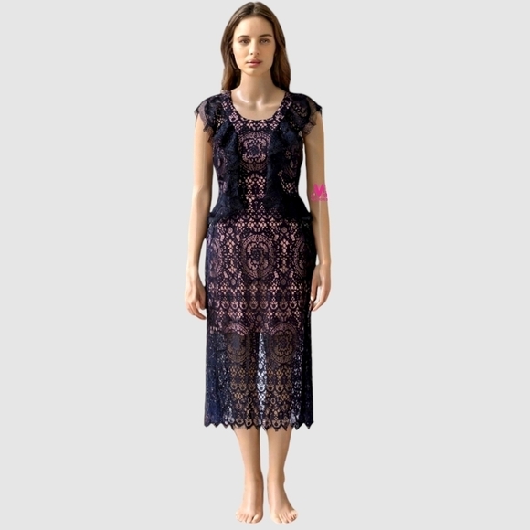 ALEXIS Narasse Dark Romantic Feminine Black Lace Racer Back Ruffle Midi Dress -S - Picture 2 of 7